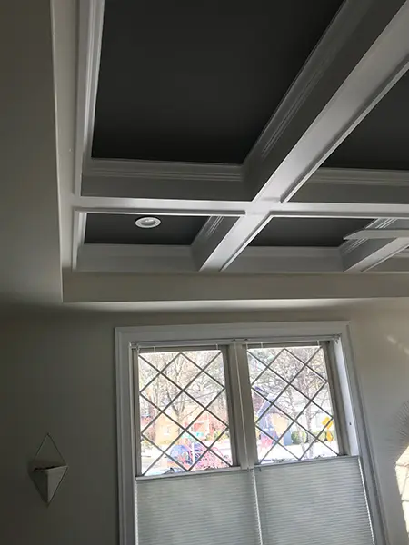 A view looking up at the corner of a white coffered ceiling with dark gray inset panels and a built-in recessed light. Below the ceiling, a window with a cross-hatch diamond grid shows a glimpse of a residential street outside.